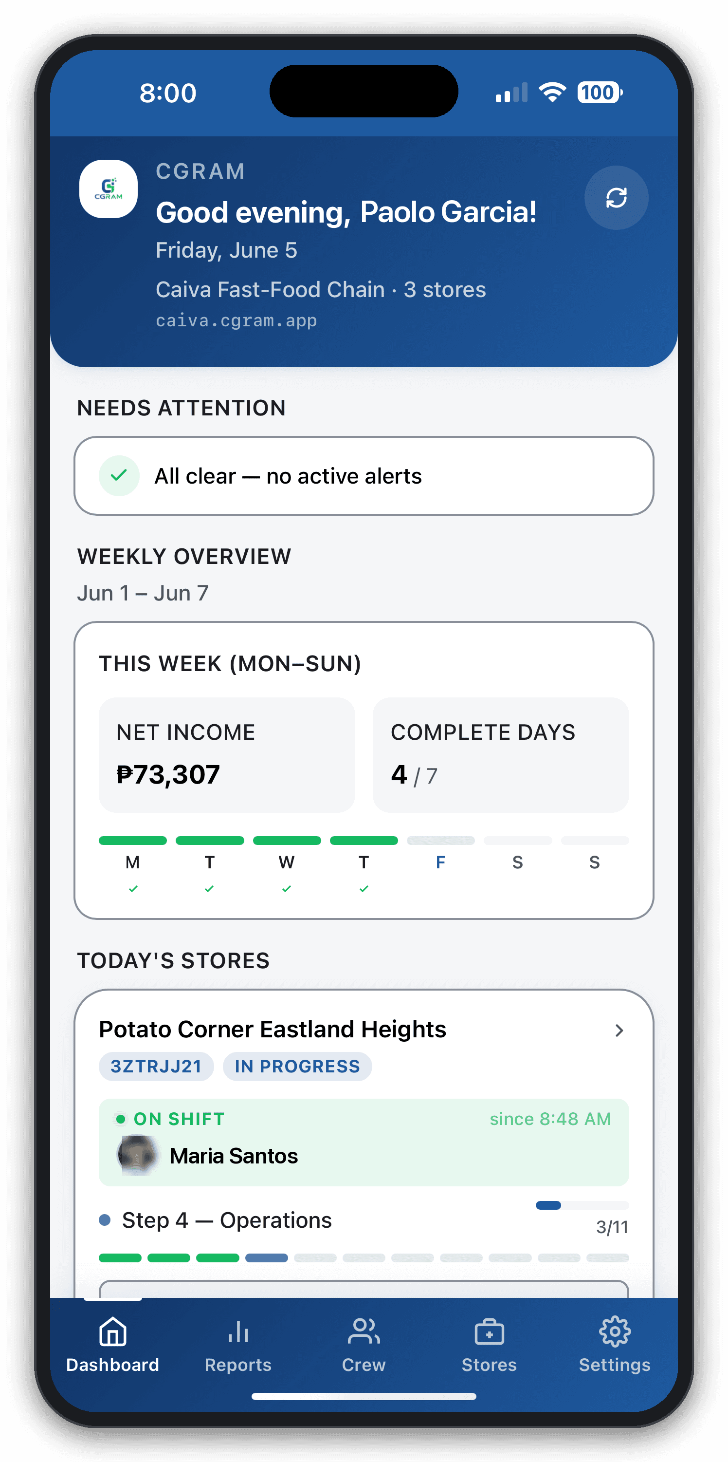 Owner dashboard showing weekly net income of ₱73,307 and all stores in progress