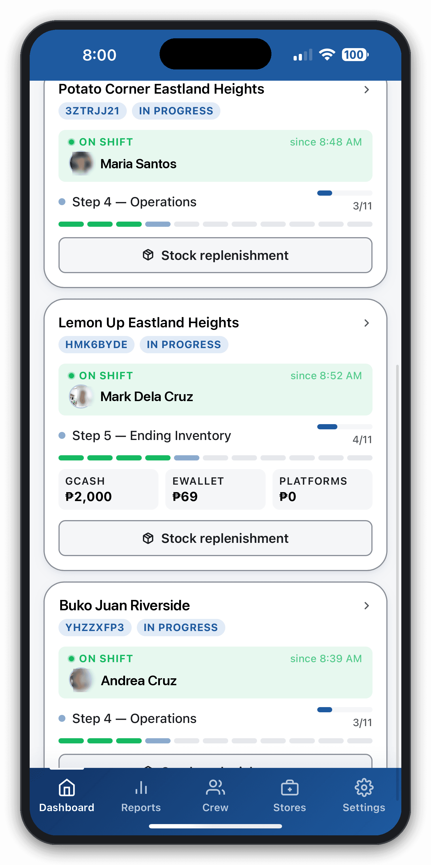Dashboard showing 3 stores in progress with crew names and steps