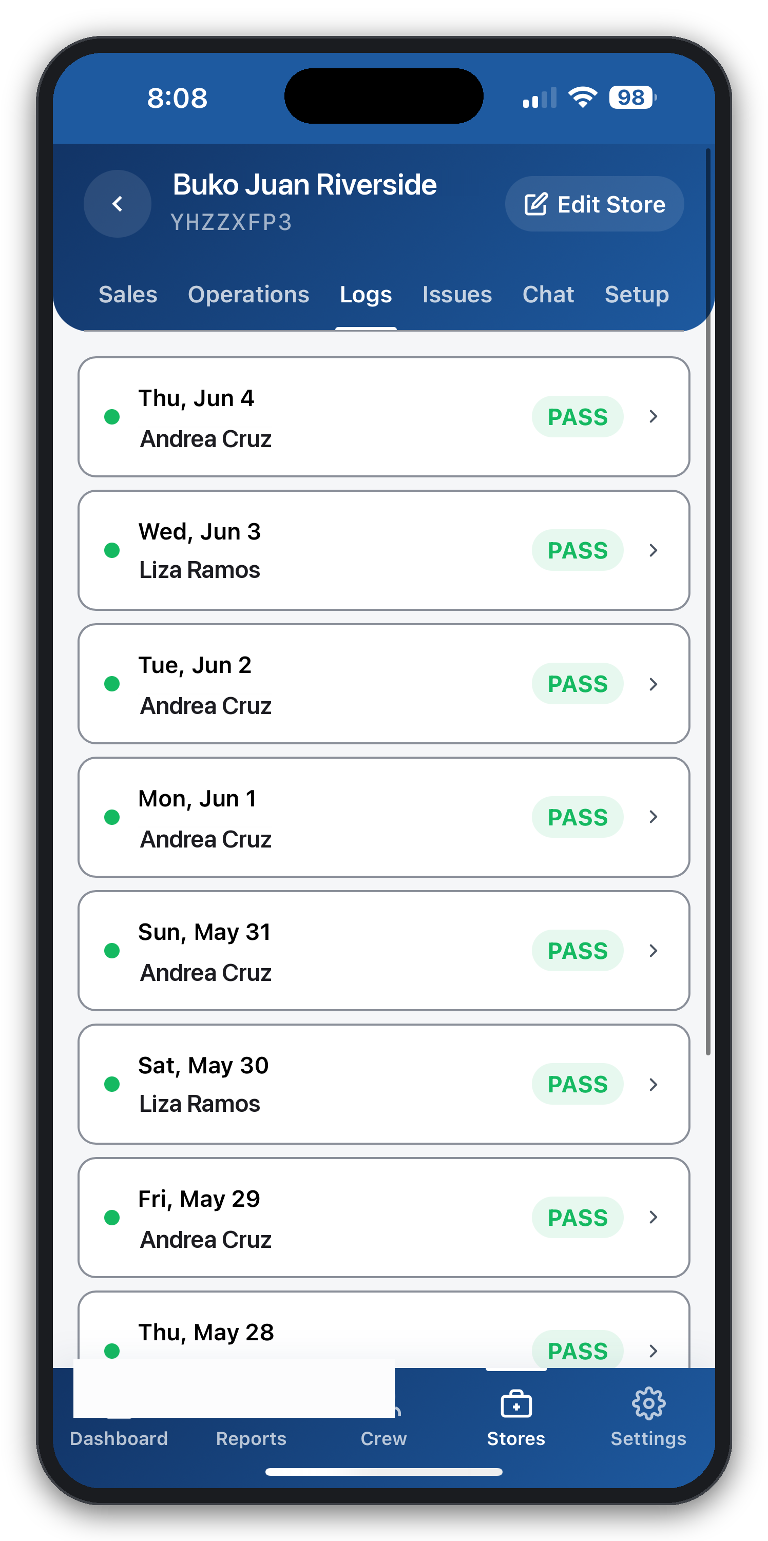 CGRAM audit log screen — a PASS or fail cash result for every shift