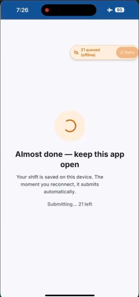 CGRAM running offline — the daily flow saved on the device, ready to sync when the connection returns