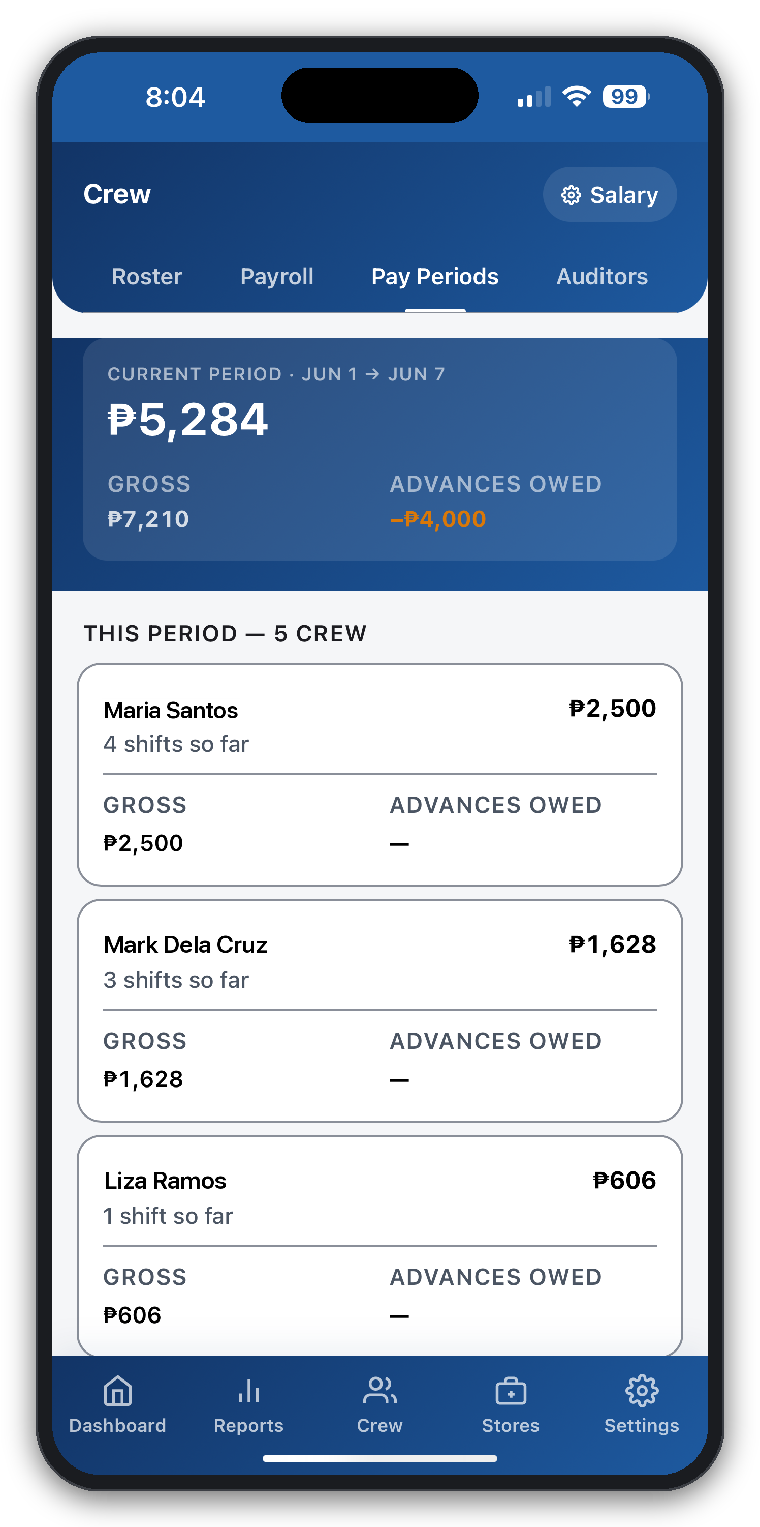 CGRAM weekly payroll screen — current-period total computed for each crew member